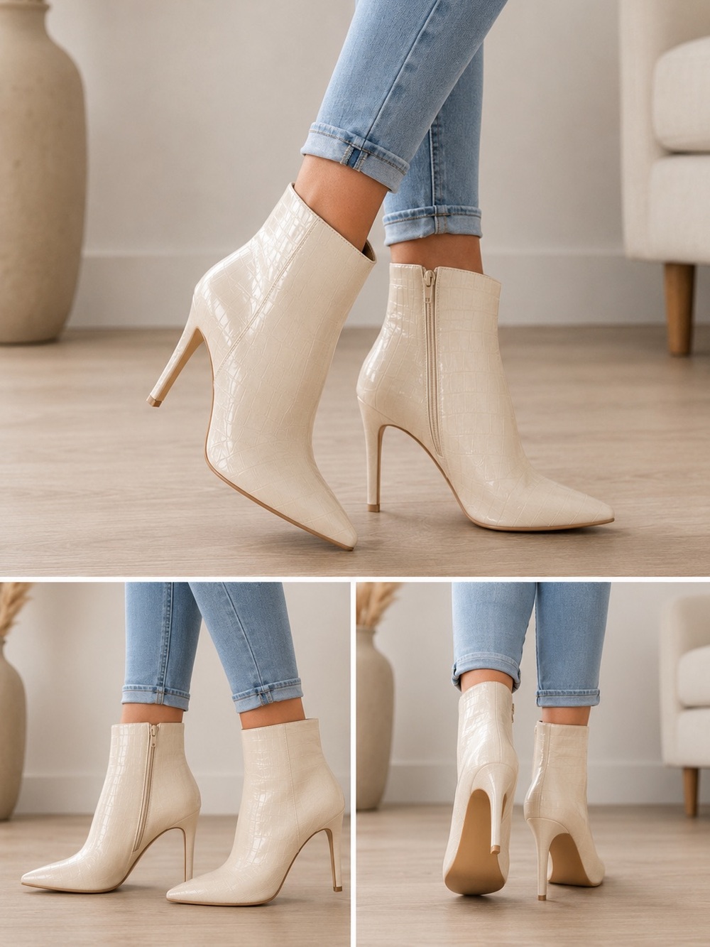Express Croc-Embossed Heeled Boots in Cream